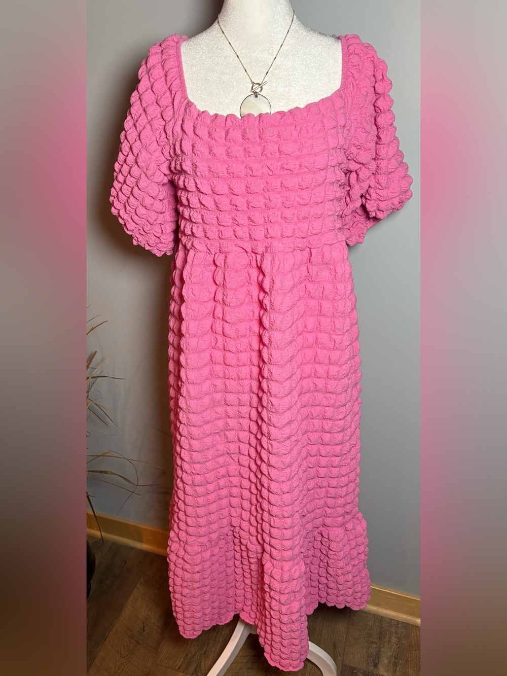 Simply Southern Pink Textured Puff Sleeve Babydoll Dress Medium